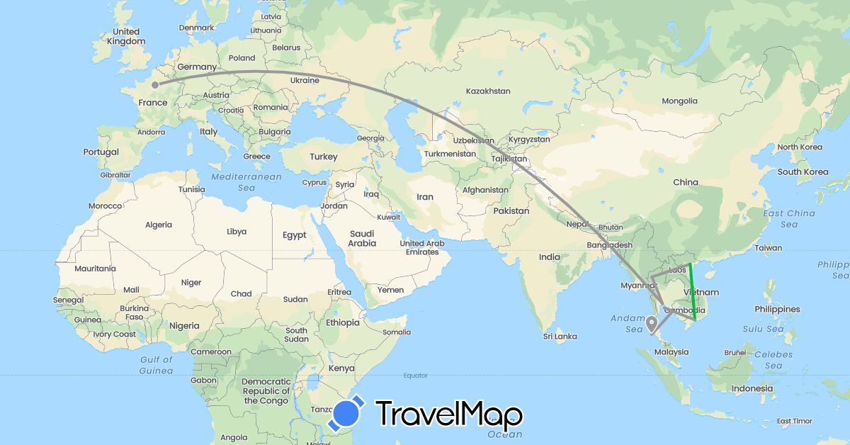 TravelMap itinerary: driving, bus, plane in France, Thailand, Vietnam (Asia, Europe)